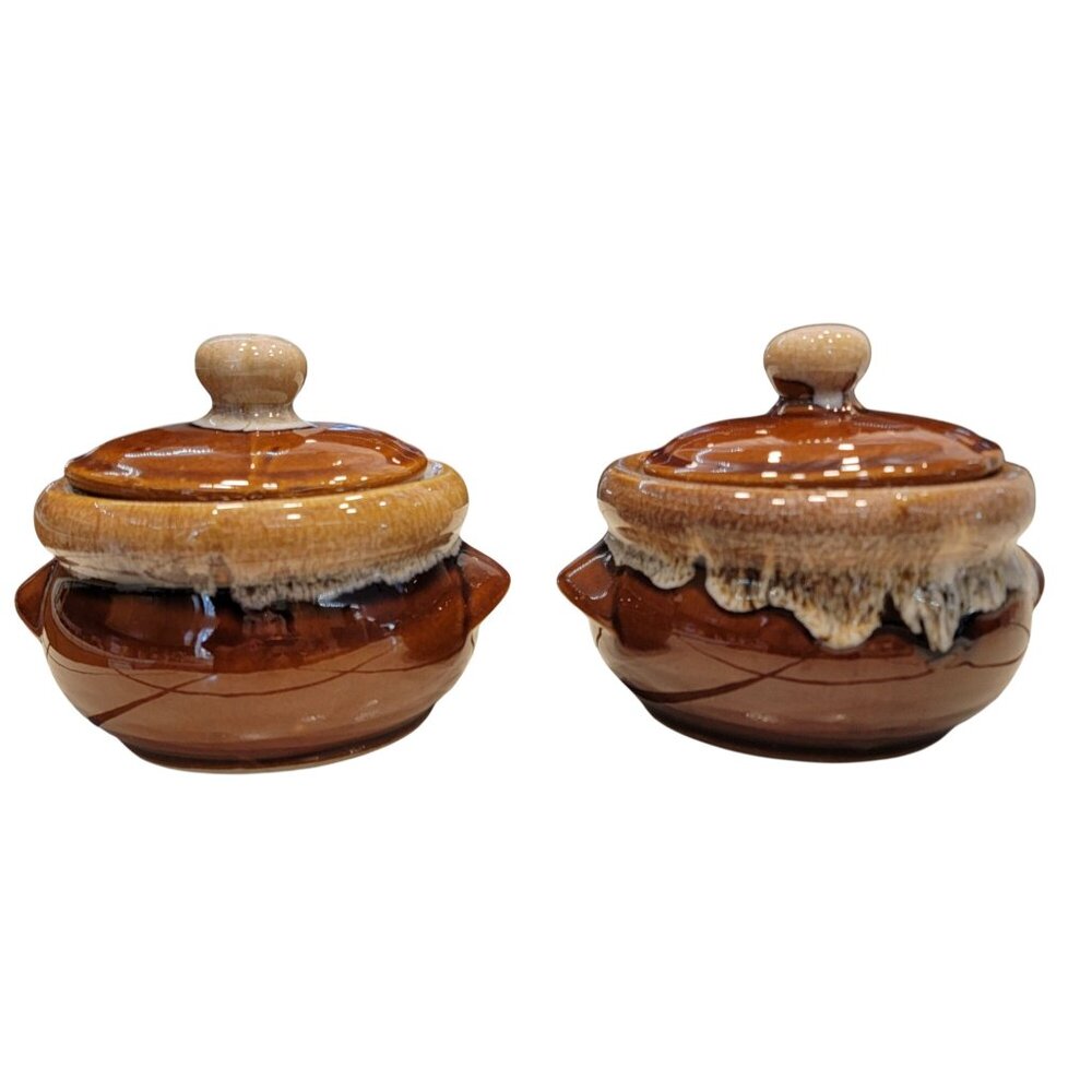 Vintage Brown Glazed Ceramic Soup Bowls With Lids - Handcrafted Drip Design - Picture 4 of 7